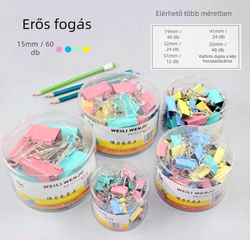 Weili fém hosszú farkú klipek – irodai kellékek, modellek 1–6, átlátszó kerek dobozban csomagolva