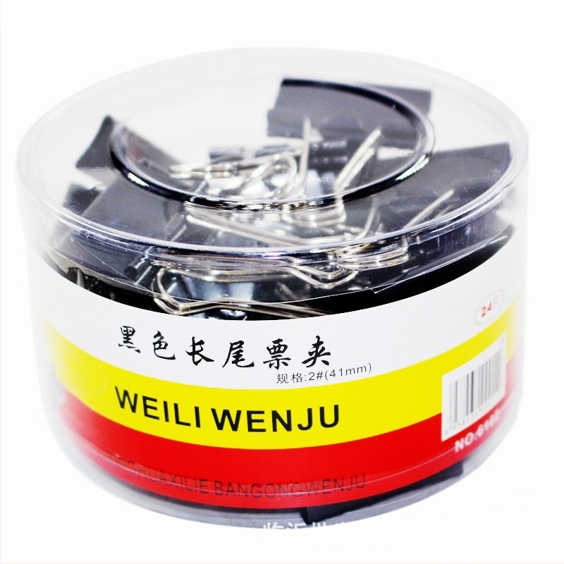 Weili fém hosszú farkú klipek – irodai kellékek, modellek 1–6, átlátszó kerek dobozban csomagolva