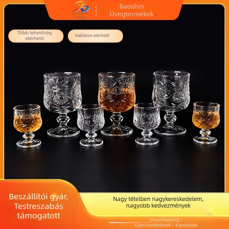 Párlatokhoz való pohár, magas talppal, gravírozott dizájnnal, kapacitás 1–100 ml, modern letisztult stílus