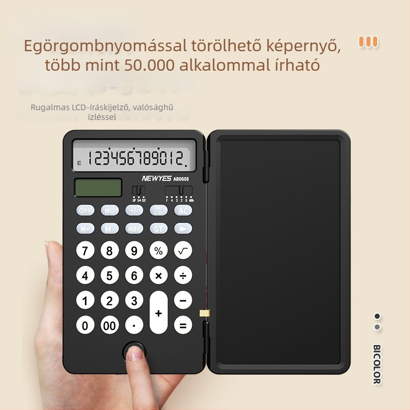 Newyes AB0608 12 számjegyű LCD írófelületes számológép, ABS ház, kettős tápegység