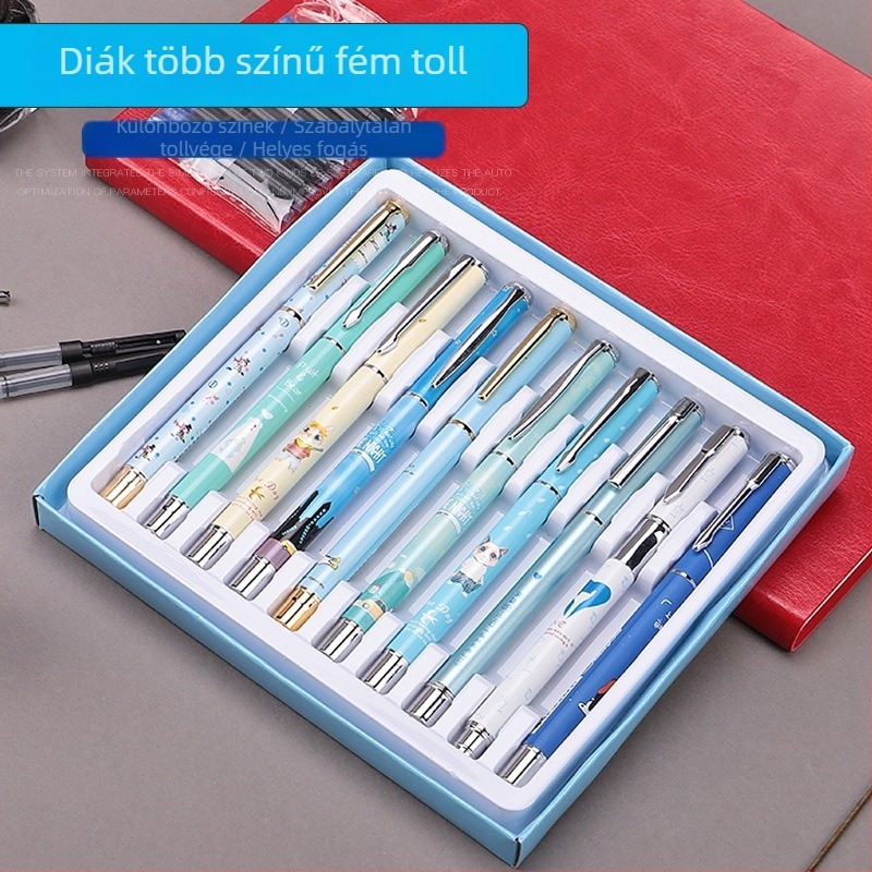 Gyerekeknek szánt töltőtoll-készlet – fémből készült test, irídium tollhegy, 10 darabos díszdobozos készlet, tintaszívó töltő, logó testreszabás