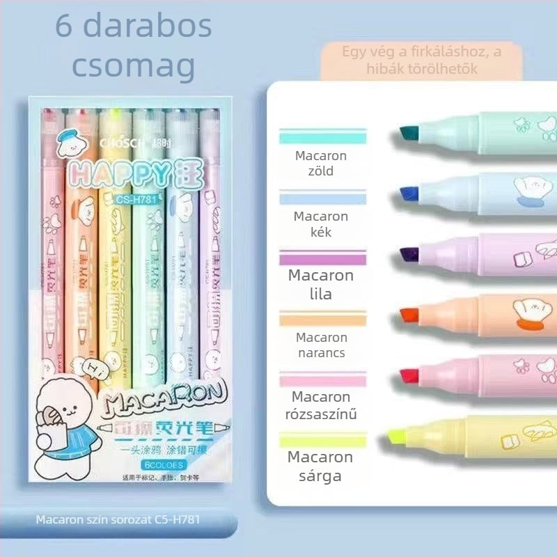 Letörölhető fluoreszkáló marker naplóíráshoz – kétoldalas, műanyag ház, 6 db/csomag, modell Cs-h781, Timeout