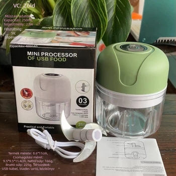 Vezeték nélküli mini fokhagymaprítő 3 pengével, 3 fokozat, kapacitás <1 L, max. 10 000 rpm, ≤36 V