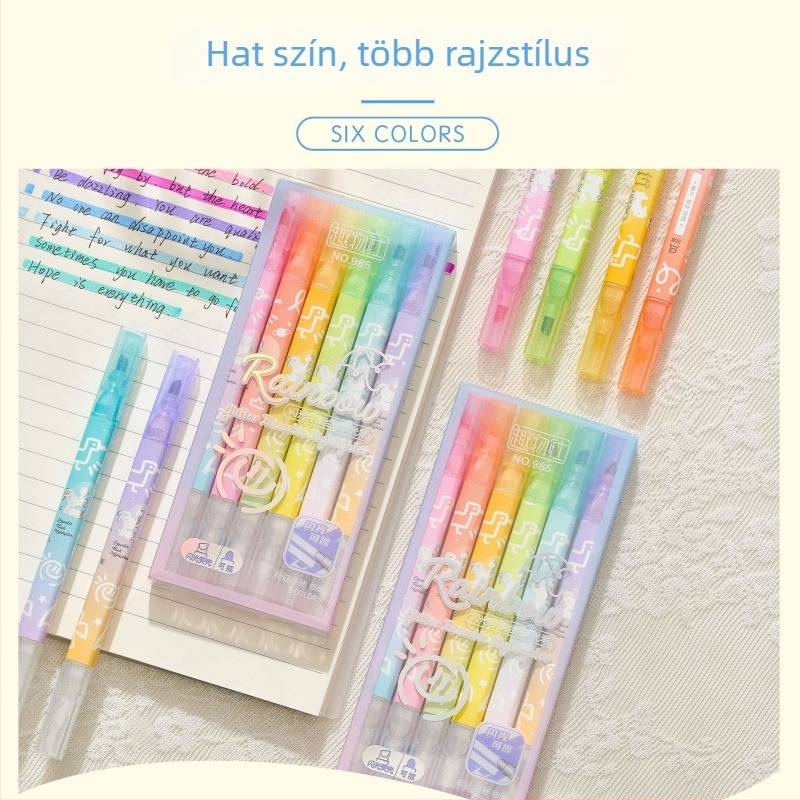Törölhető csillogó kiemelő marker diákoknak - kétoldalas, modell 985, műanyag tokozás, 6 darabos csomagolás