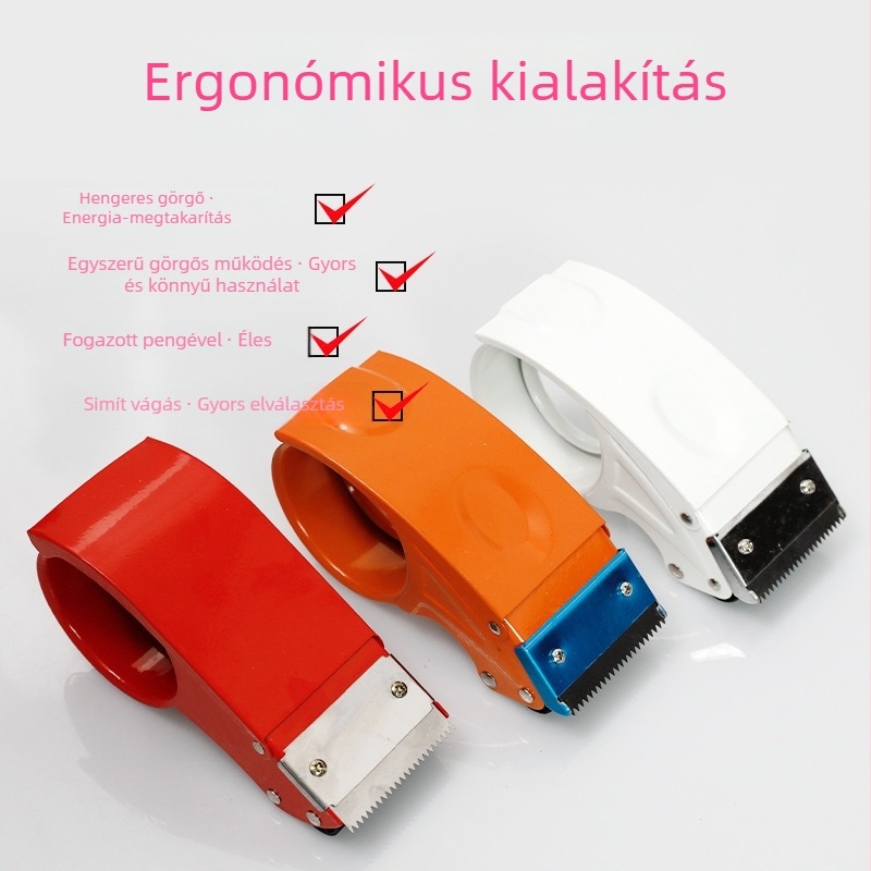 Ragasztószalag vágó nehéz doboz lezáráshoz – vas test, modell Metal Cutter, szalag szélesség max. 75 mm, orsóátmérő 130 mm, nettó tömeg 180 g, záráshoz és csomagoláshoz