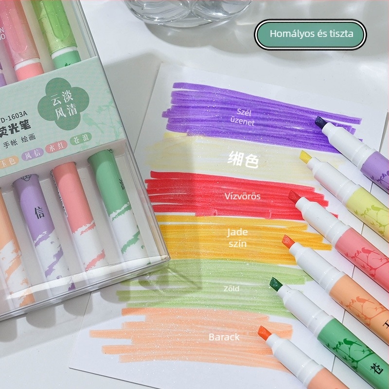 Kiemelő tollkészlet - műanyag ház, PVC dobozos csomagolás, Modell DPYGB-52, Nem törölhető, Logó testreszabás elérhető