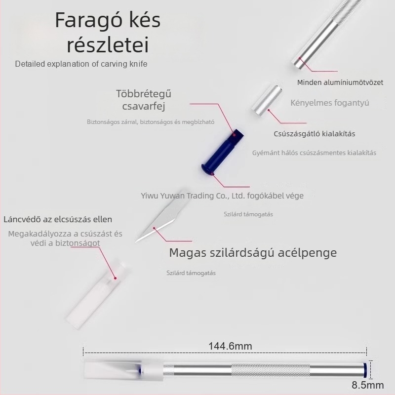 Kézműves kés alumínium rúd maggal és ötvözött acél penge; tömeg 10; teljes hossz 10