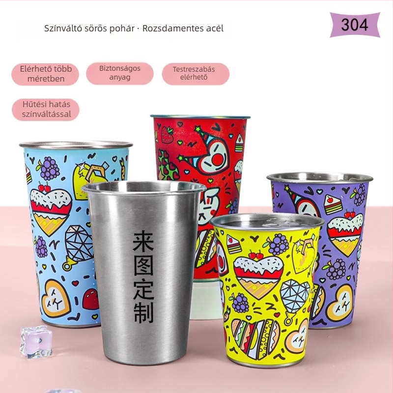 304 rozsdamentes acélból készült vízcsésze, 501–600 ml űrtartalom, egyrétegű görbített peremmel, kreatív stílus színváltozással