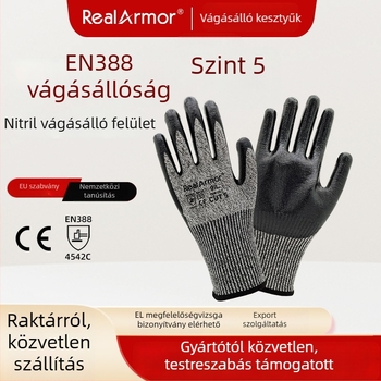 CE-tanúsítvánnyal rendelkező EN388 5-ös szintű vágásálló kesztyű HPPE + fényes nitril bevonattal, csúszásmentes
