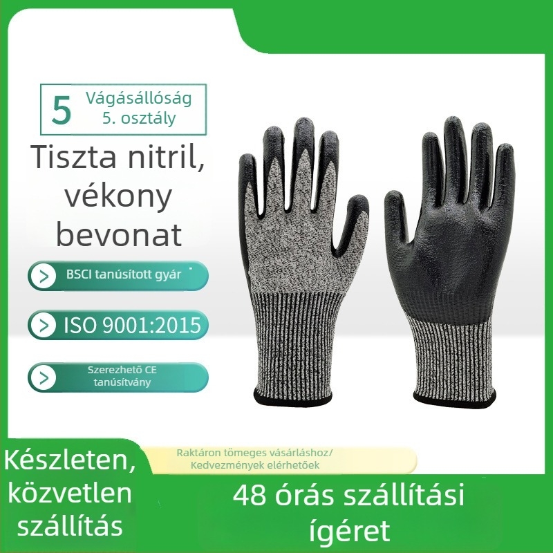 CE-s tanúsítványú EN388 vágásvédő kesztyűk, HPPE + fényes nitril bevonat, kopásállóság 4-es szint