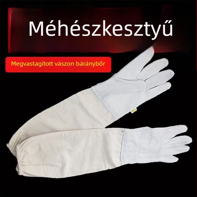 Vastag vászonból és báránybőrből készült méhészeti kesztyű, hosszított kivitel, szúrás- és átszúrás elleni védelemmel a méz gyűjtéséhez