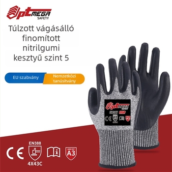 5-ös szintű vágásbiztos kesztyűk, Ultra-finom hab nitril, HPPE + Frosted Nitrile, Csúszásmentes, Olajálló