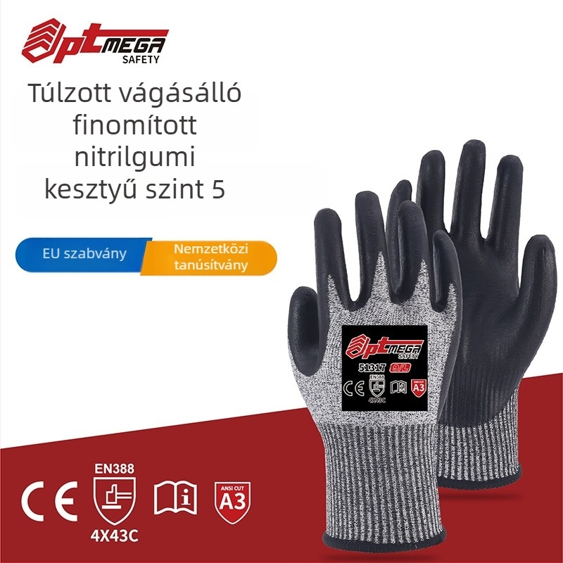 5-ös szintű vágásbiztos kesztyűk, Ultra-finom hab nitril, HPPE + Frosted Nitrile, Csúszásmentes, Olajálló