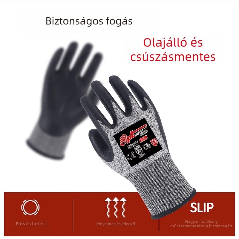 5-ös szintű vágásbiztos kesztyűk, Ultra-finom hab nitril, HPPE + Frosted Nitrile, Csúszásmentes, Olajálló