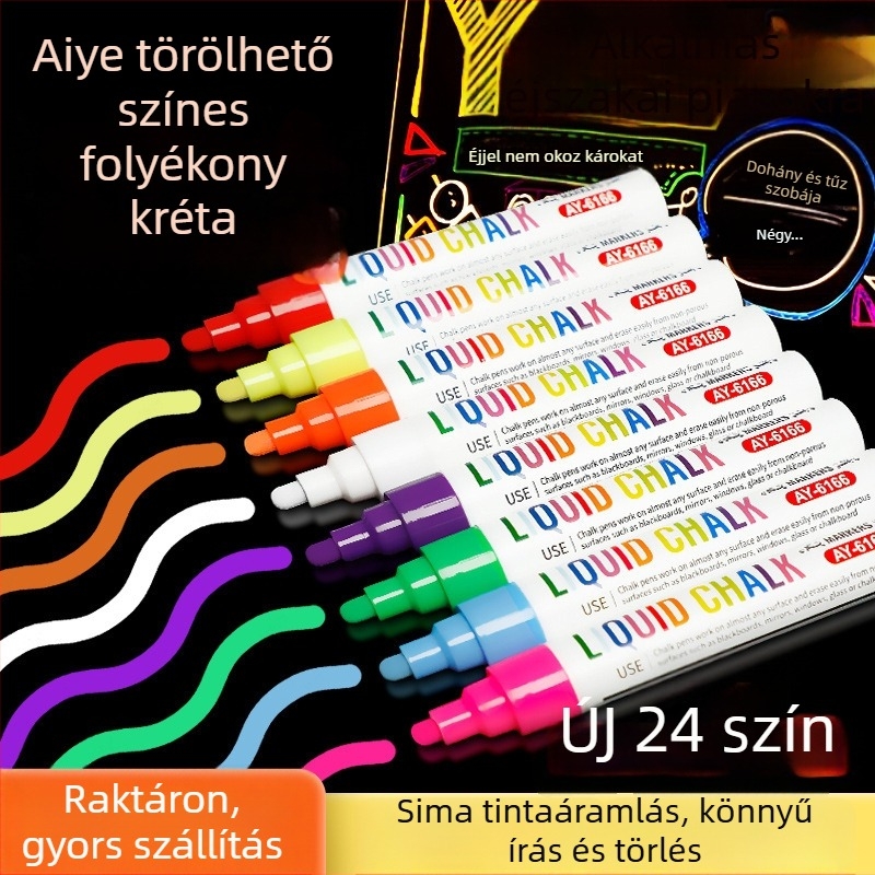 TOUCHSCHOOL 6166B Kétoldalas Folyékony Kréta Marker, Törölhető, PP Ház, Színes Dobozos Csomagolás
