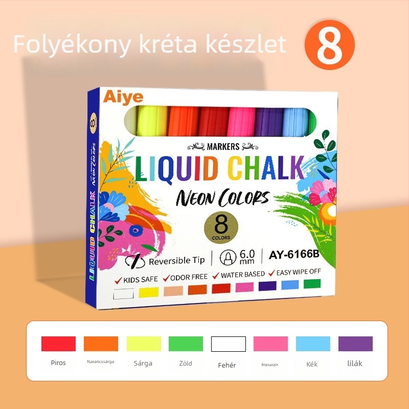 TOUCHSCHOOL 6166B Kétoldalas Folyékony Kréta Marker, Törölhető, PP Ház, Színes Dobozos Csomagolás