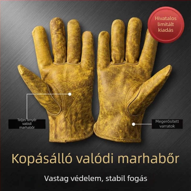 Fekete szarvasmarhabőr munkavédelmi kesztyűk kültéri munkákhoz és hegesztéshez, kényelmesek és kopásállóak