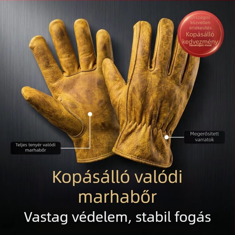 Fekete szarvasmarhabőr munkavédelmi kesztyűk kültéri munkákhoz és hegesztéshez, kényelmesek és kopásállóak