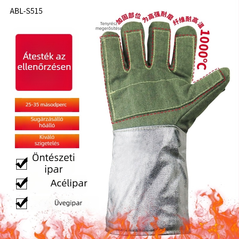 Ambery ABL-S515 Hőálló kesztyűk – 1000°C hőszigetelés, alumínium fólia, vágásálló, lángálló, aramid- és szénszál-keverék