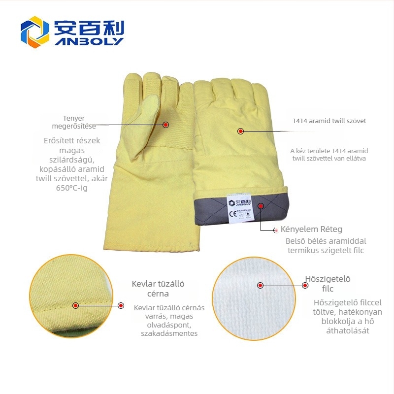 Ipari aramid rostból készült kesztyűk, 650°C hőállóság, hossz 36/45 cm