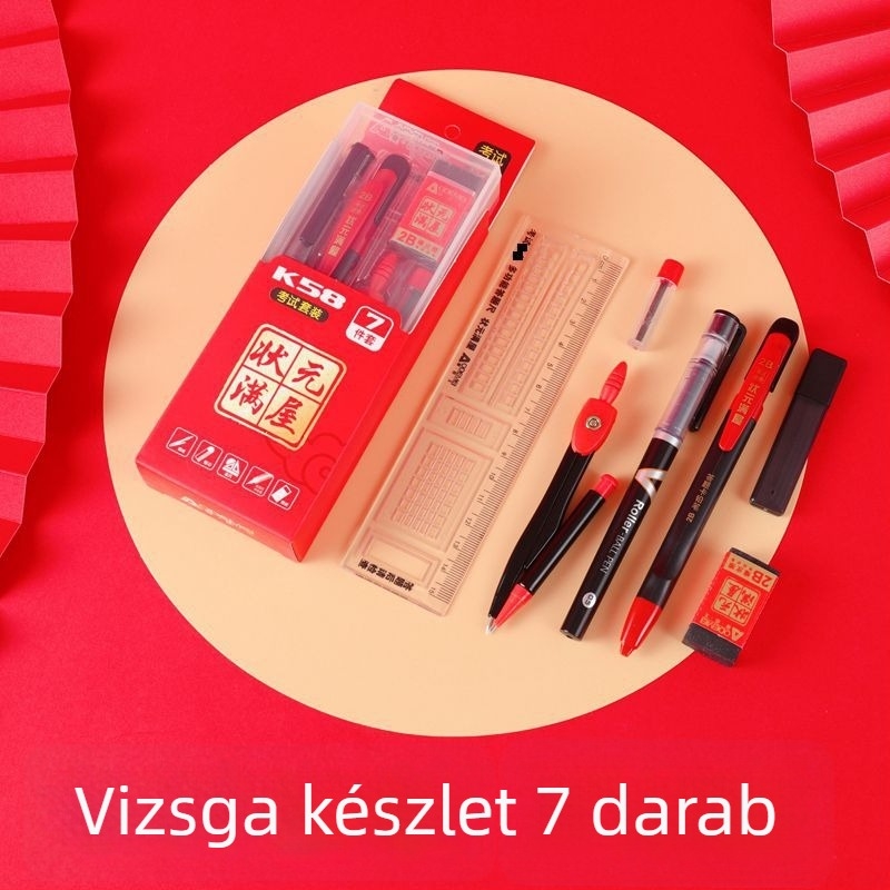 K58 7 részes vizsgára szóló készlet – aktív ceruza, gél toll és válaszlap-töltő a műanyag dobozban (modell K58)