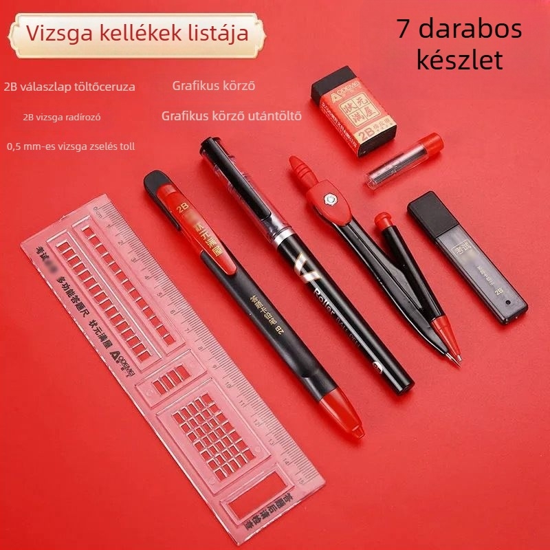 K58 7 részes vizsgára szóló készlet – aktív ceruza, gél toll és válaszlap-töltő a műanyag dobozban (modell K58)