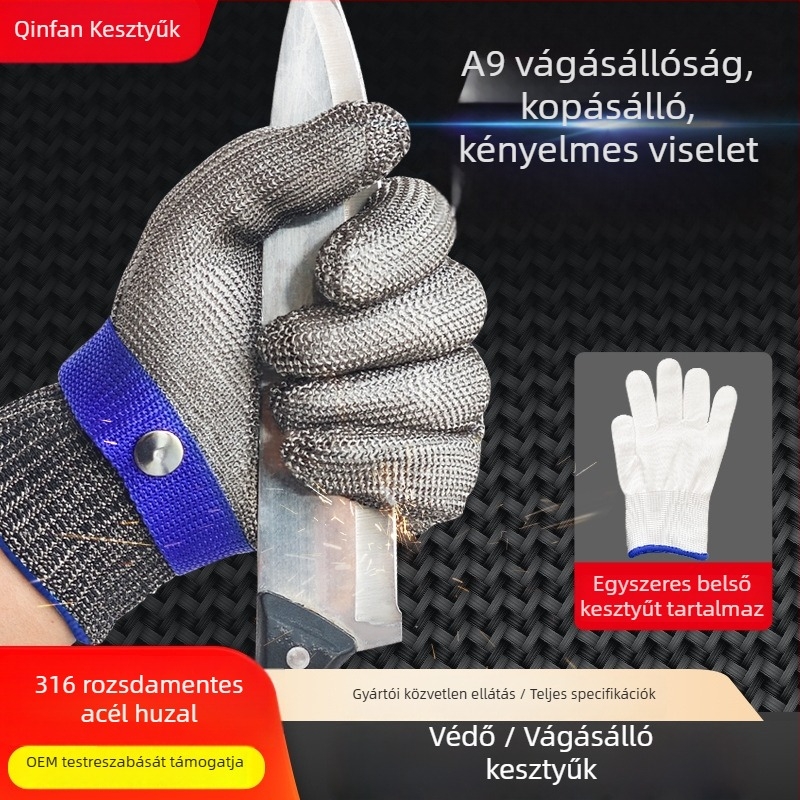 Qinfan Anti-Cut Acélhuzalos Kesztyűk – Kopásálló Kézvédő, Újrahasználható, Üvegvágáshoz, Konyhához és Asztalosmunkához