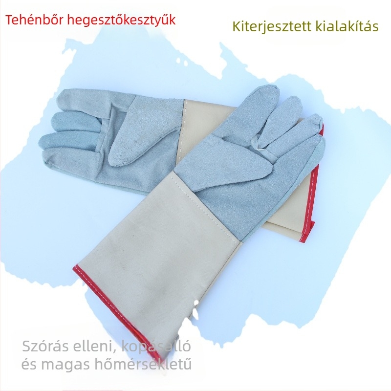 Bőr hegesztő kesztyű hosszú csuklórésszel, magas hőmérsékletű szigeteléssel, kopásálló, égés elleni és szennyeződés elleni védelemmel