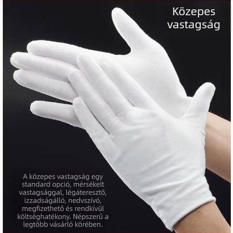 Vastag pamut munkakesztyű gyöngy- és etikett használathoz; csúszásmentes, meleg, fehér.