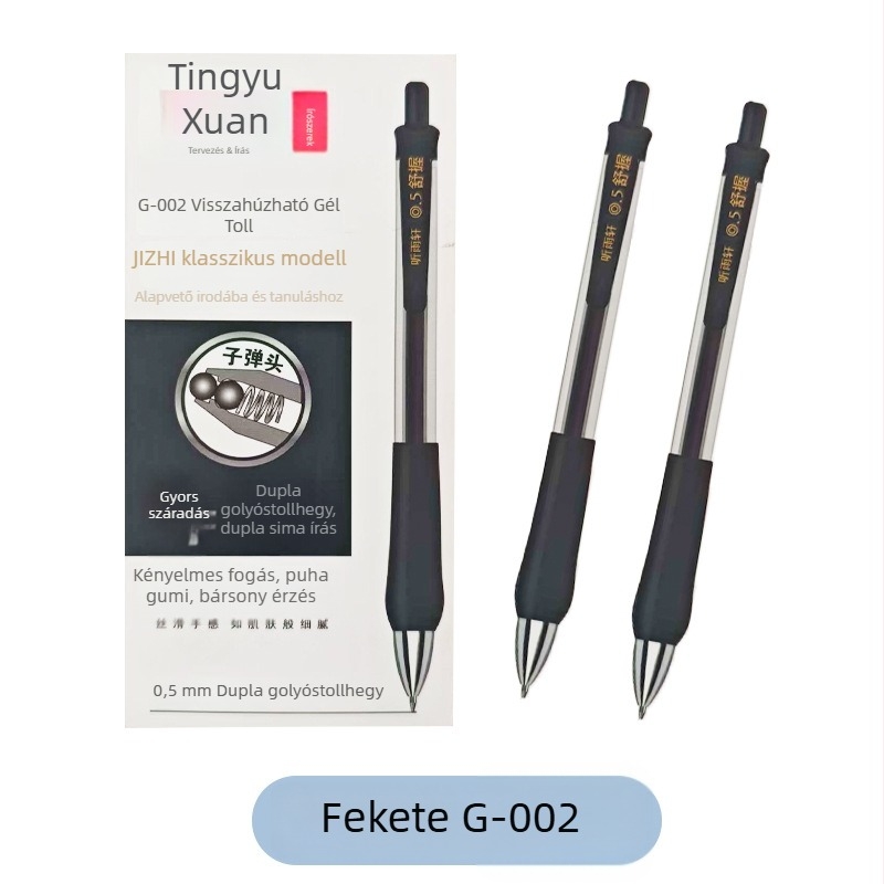 Íráshoz gel toll, 0,5 mm hegye, rozsdamentes acél hegye, nyomógombos zárás, dobozos csomagolás