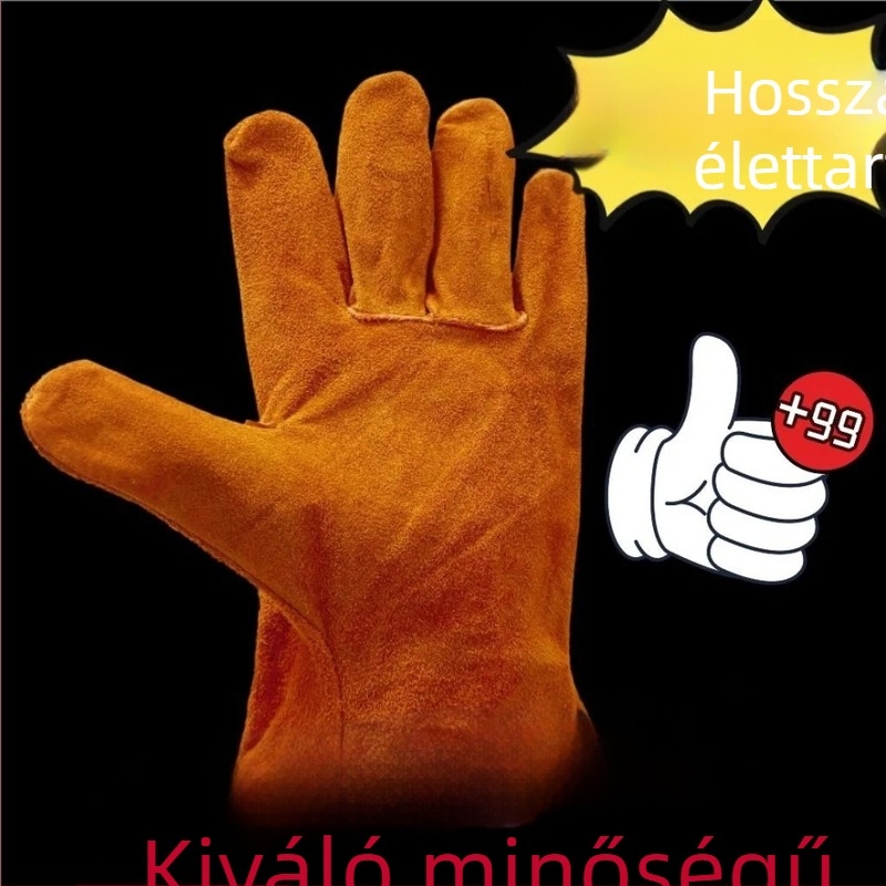 Hegesztő kesztyű borjúbőrből, sárga, magas hőállóságú, égési sérülések elleni védelem, puha és kopásálló