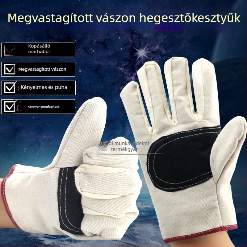 Vastagított kopásálló vászon védőkesztyű bőrbéléssel, dupla réteg a hegesztéshez