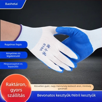 Nitril védőkesztyűk építőipari munkások számára, fehér szálú anyaggal és kék gumírozott bevonattal, kopásálló