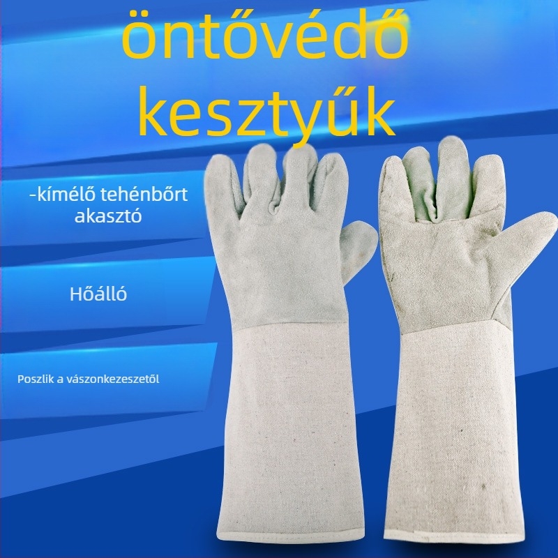 Teljes bőrből készült hegesztő kesztyűk, égés- és hővédelmi, hosszú, két rétegű, teljes tenyér