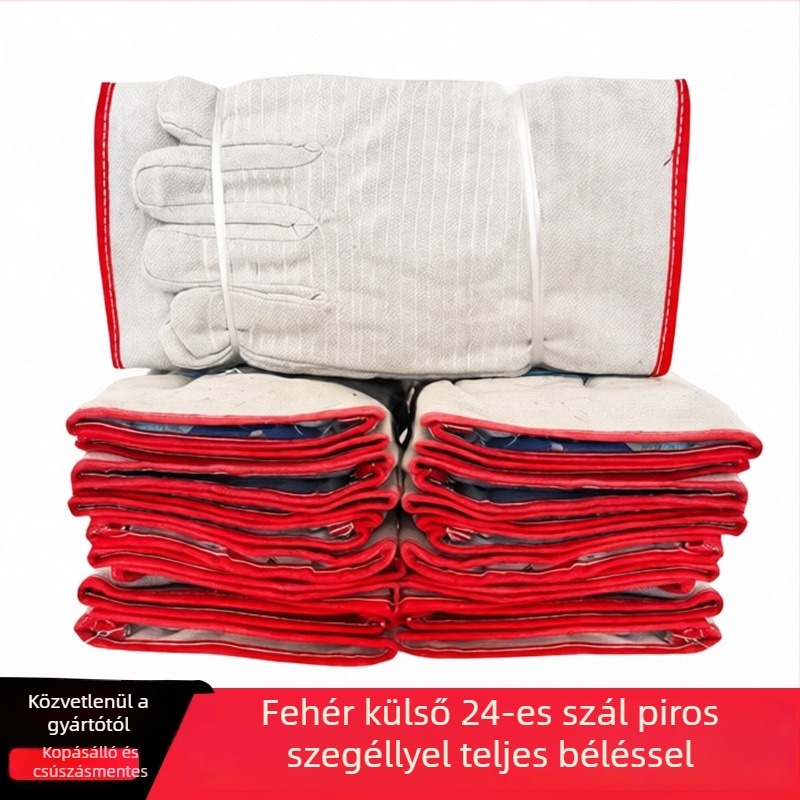 Vörös szegélyű fehér vászon hegesztőkesztyű, 24 öltéssel, kétszeres rétegű, teljesen bélelt, megerősített, kopásálló és hőszigetelt