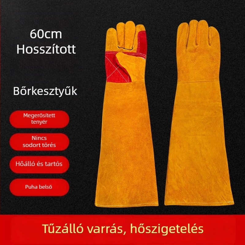 60 cm hosszú kiegészített hegesztőkesztyűk, hőszigetelés, égési sérülések elleni védelem, harapás és karcolás elleni védelem háziállatok esetén