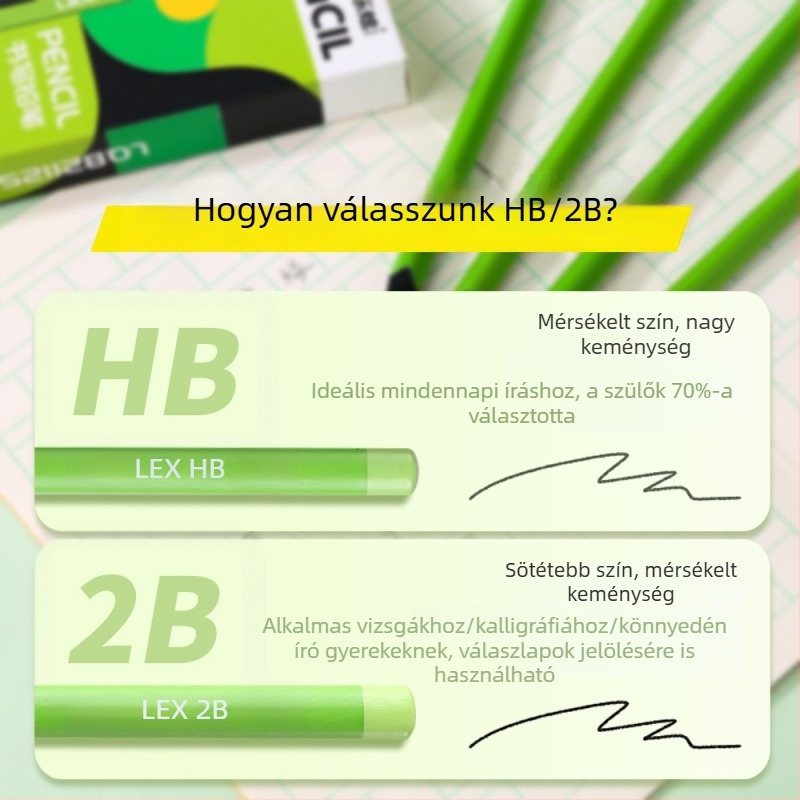 10 db háromszög alakú fa ceruza, 3,2 mm grafit, HB és 2B, zöld testtel, általános iskolások számára