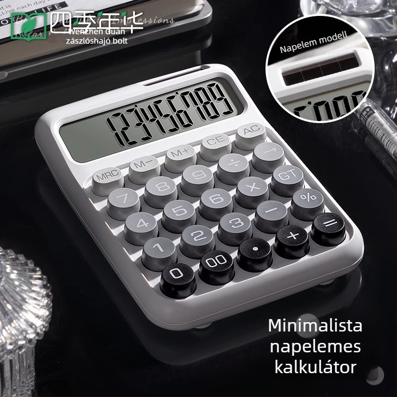 Napelemes számológép, mechanikus gombok, minimalista stílus, 12 számjegy kijelző, iroda és pénzügyi használatra