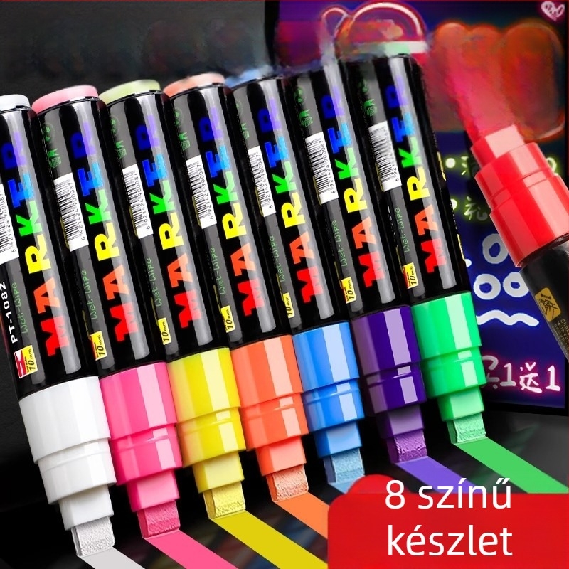 LED jelölő toll fehér táblához, dupla végű, törölhető (Model Ygb-01, műanyag ház, 8 darabos készlet)