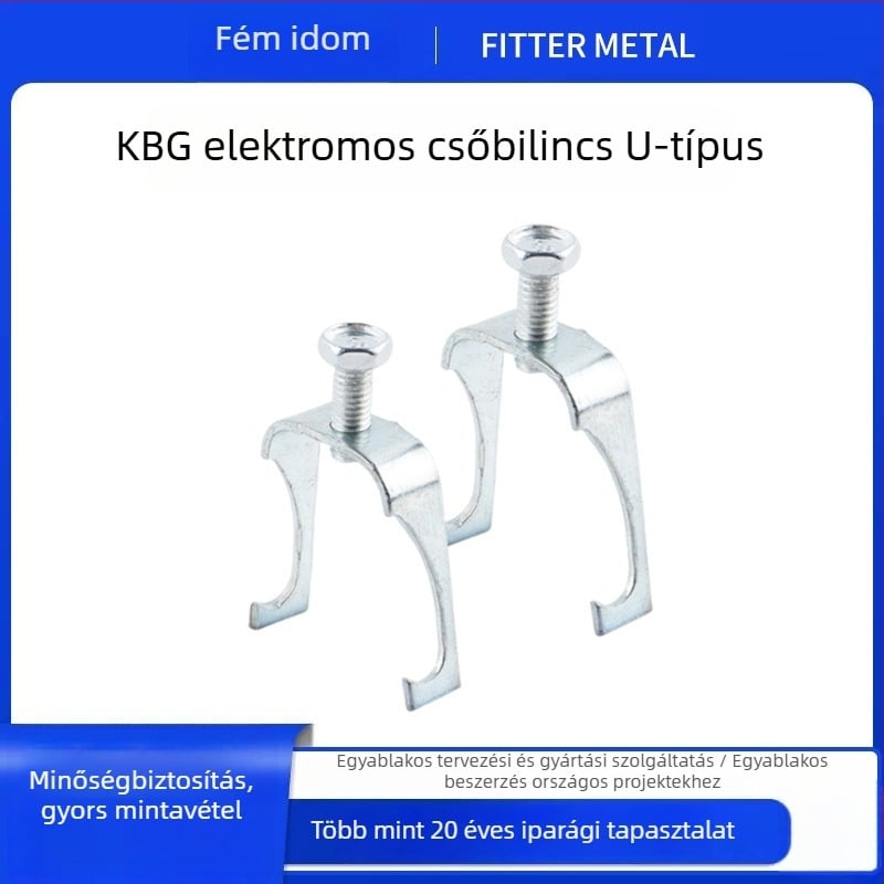 KBG U-formájú vezetékcső bilincs, tartó rúdhoz, kettős kampó, szélesebb csipesz, csavarral körbefutó hurok, galvanizált cső rögzítő és toldó elem