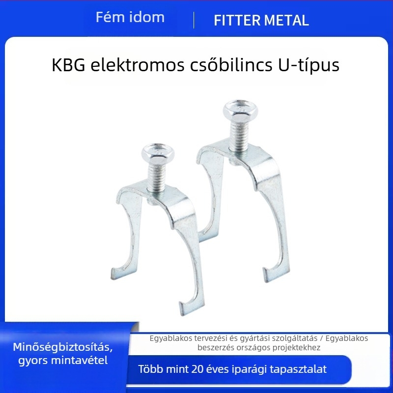 KBG U-formájú vezetékcső bilincs, tartó rúdhoz, kettős kampó, szélesebb csipesz, csavarral körbefutó hurok, galvanizált cső rögzítő és toldó elem