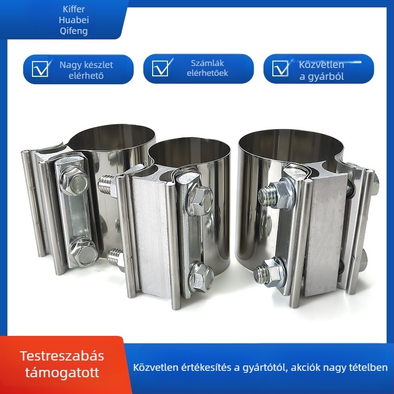 304 rozsdamentes acél kipufogócső bilincs hang-szűrővel, névleges átmérő 17–356 mm, rögzítő átmérő 17–356 mm