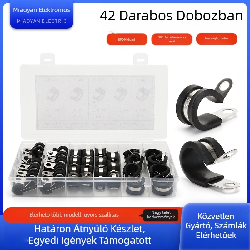 R-típusú csőbilincs, rozsdamentes acél 304, 42 darab egy dobozban, víz- és olajcsövekhez