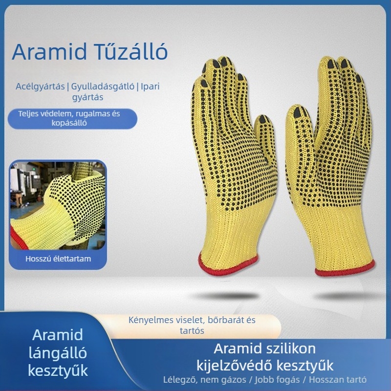 Kevlar-aramid szilikon pöttyös kesztyű, dupla oldalú hőszigetelés, 200°C, csúszásmentes, kopásálló, vágásálló