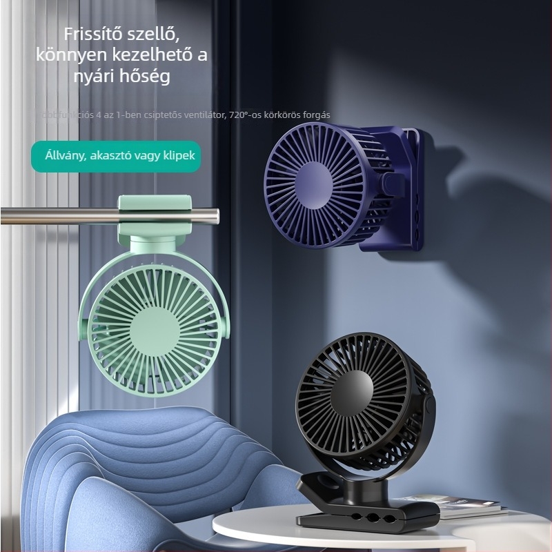 USB töltésű klipszes ventilátor, beépített 1200–2000mAh akkumulátor, 5 sebesség, digitális kijelző és időzítő