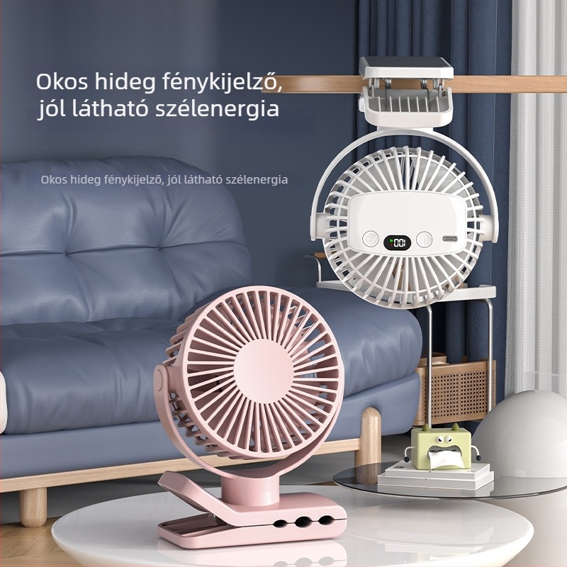 USB töltésű klipszes ventilátor, beépített 1200–2000mAh akkumulátor, 5 sebesség, digitális kijelző és időzítő