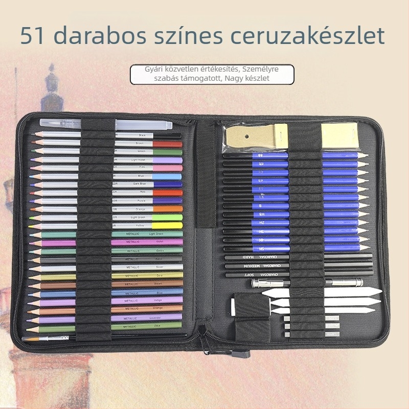 51 darabos vázlatceruza-készlet vízben oldódó színes ceruzákkal, vászon tokban – rajzhoz szükséges kellékek