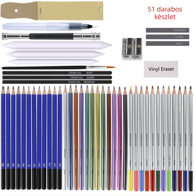 51 darabos vázlatceruza-készlet vízben oldódó színes ceruzákkal, vászon tokban – rajzhoz szükséges kellékek