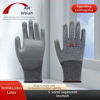 Wei'an 5-ös fokú vágásbiztos kesztyű, pamutszálas belső és latex bevonat tenyérrel, alkalmas fém- és üvegfeldolgozásra, szerelésre, autóiparra és űriparra