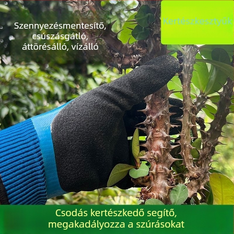 Kerti kesztyű marhabőrből, vágásálló és szúrásálló, vízálló, rózsák ültetéséhez, virágok gondozásához és gyomláláshoz.